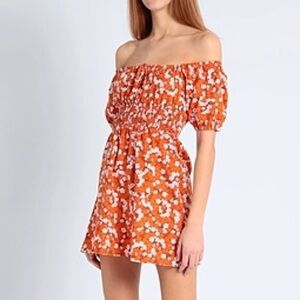 Faithful the Brand Shahni poof sleeve off the shoulder mini dress orange